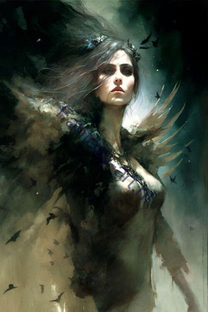 Gothic art painting of a woman with black wings and birds flying around her, creating a dark and dramatic ethereal feel.