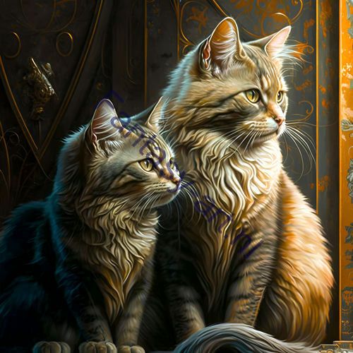 High-quality digital art of two cats sitting next to each other with intricate details and soft glowing windows in the background.