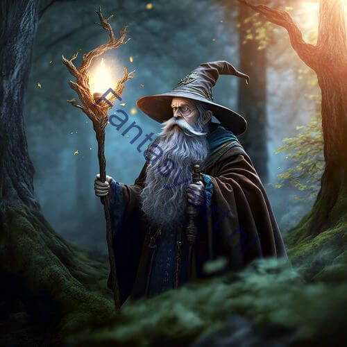 An illustration of a wizard holding a staff in a forest, created with ultra-realistic 3D techniques and full-color presentation