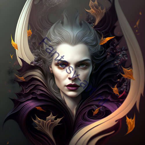 Beautiful female vampire queen with an evil expression in a fairy-tale illustration style, embodying the essence of an autumn spirit.