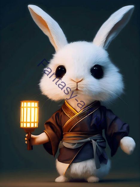 A close-up photo of a white rabbit with a lantern in its hand, portrayed in a hyper-realistic 3D render with a Pixar-inspired character design and martial arts stance.