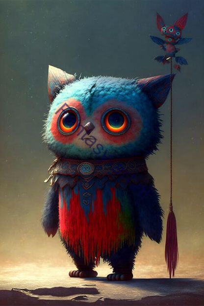 Digital painting of a cute monster, a colorful demon creature holding a stick, in blue and red color scheme