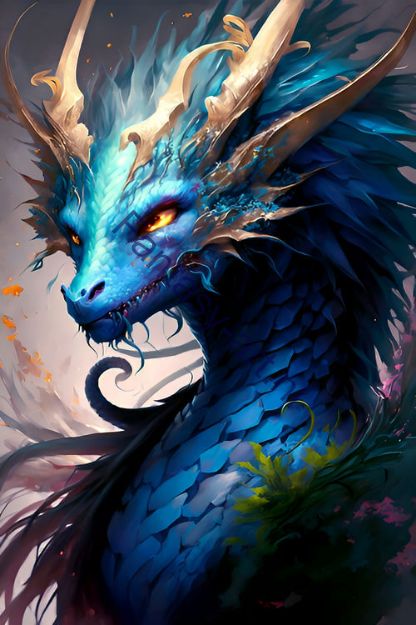 A close-up shot of a blue dragon card game illustration with yellow eyes, showing intricate details and vivid colors.