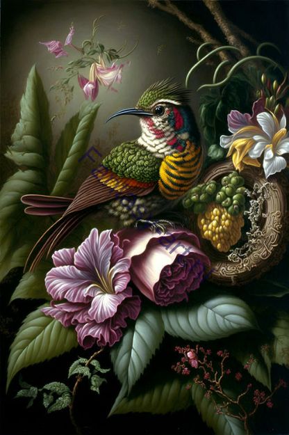 Colorful bird sitting on a tree branch in a still life painting with flowers and fruit. 