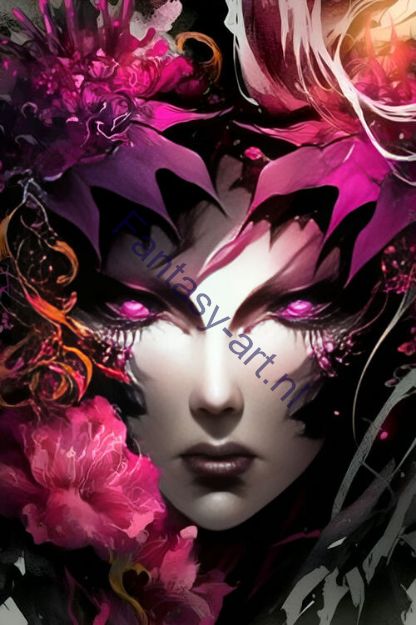 Close-up image of Gothic Flower Goddess with flowers around her head, fuchsia skin, goth makeup, and intricate armor,
