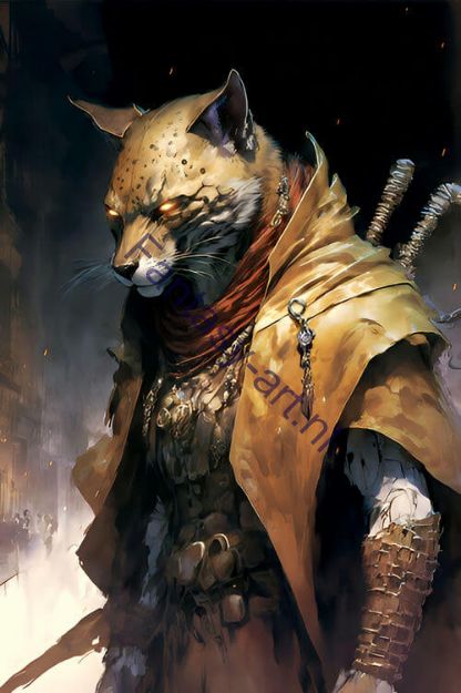 Painting of a humanoid puma dressed in armor 