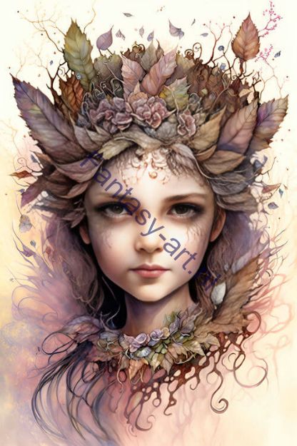 Enchanting fairy princess with wreath of leaves on head, ultra-fine detailing, muted colors, anime-inspired fantasy art