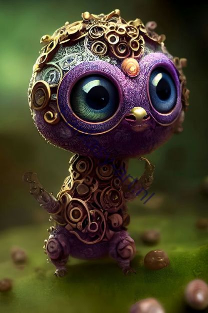 Photorealistic portrait of a cute and futuristic purple creature with big eyes, sitting on a lush green field, surrounded by intricate details 
