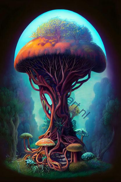 A stunning painting of a tall Mushroom tree in a mystical forest, showcasing intricate details, vivid colors, big mushrooms, ents, and the tree of life