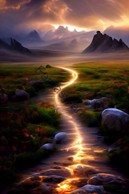 A dreamy and surreal digital painting featuring a river running through a lush green field, a romantic footpath, and a glowing sunset glow.