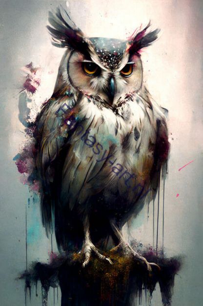 Detailed full body shot of an owl sitting on a tree stump depicted in a watercolor airbrush painting with splatter and intricate details