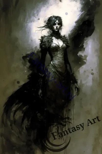 Dark watercolor painting of an elegant demon queen in a dress, depicted in gothic art style, with a grungy texture and a dark fantasy color scheme. The woman appears to be floating, adding to the surreal atmosphere of the artwork.