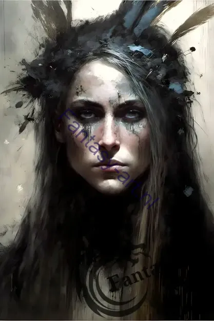 Painting of a dark dramatic ethereal woman with feathers on her head and humanoid flora in high detailed gothic art style.