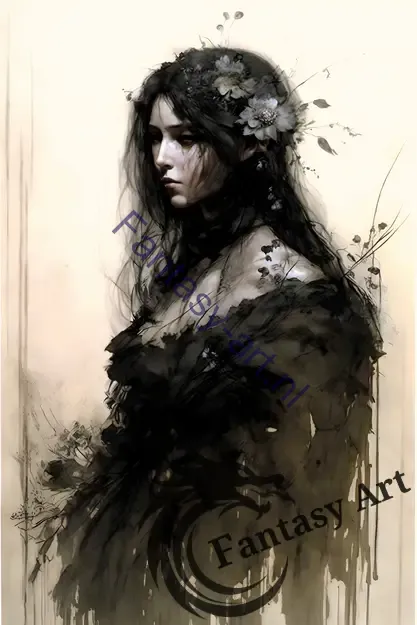 Dark Ethereal Woman with Flowers in Her Hair - Fine Art Gothic Painting
