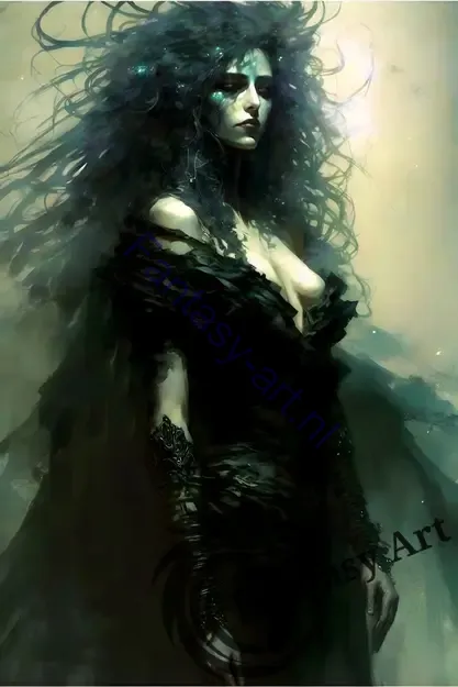 Watercolor painting of a beautiful and ethereal woman with long curly hair and intricate costume design, perfect for fashion concept art and gothic art enthusiasts.
