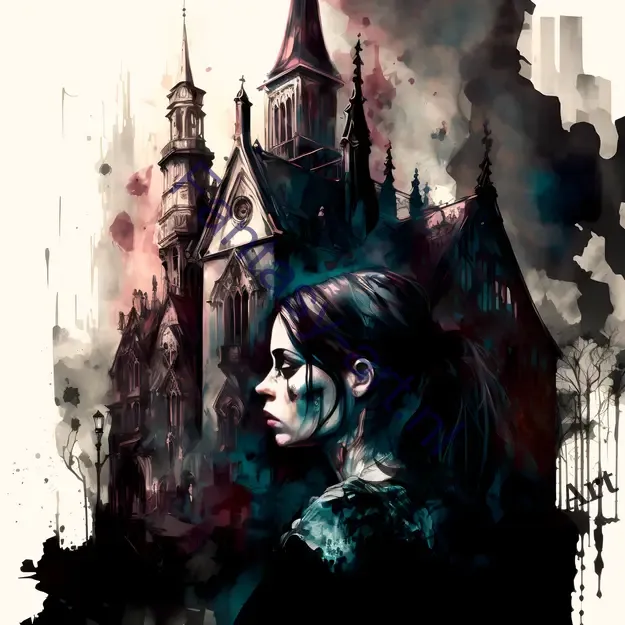 Gothic Art Painting Image - Baroque, Fantasy, and Moody Colors combined in a digital painting featuring a profile picture of an elegant woman standing in front of a castle.
