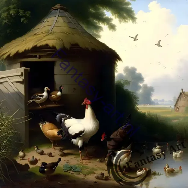 Oil painting of chickens and ducks in front of a rustic hut in an 18th-century barnyard, perfect for home decor or art collection.