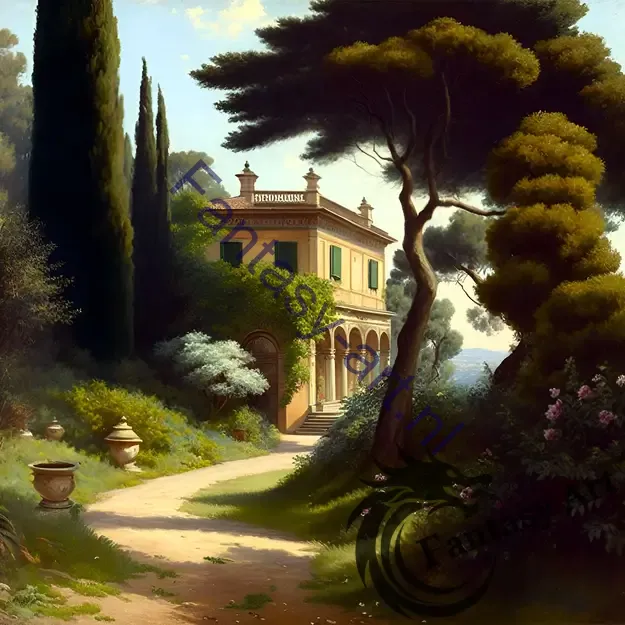 Stylized painting of a beautiful 19th-century house in with a garden with tall cypresses