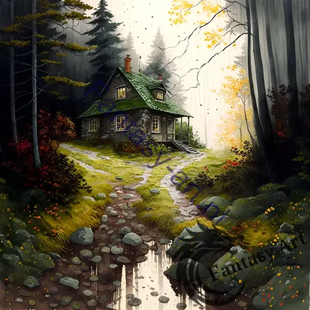 Watercolor painting of a cabin in the woods during autumn, after rain, featuring a detailed wide shot of the mossy surroundings, perfect for nature enthusiasts and art collectors.
