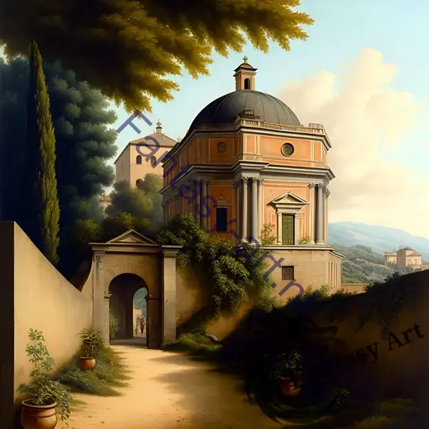 Baroque painting of Chigi in Ariccia estate on Tuscan hillside, framed by a beautiful colonnade. Gouache on canvas.