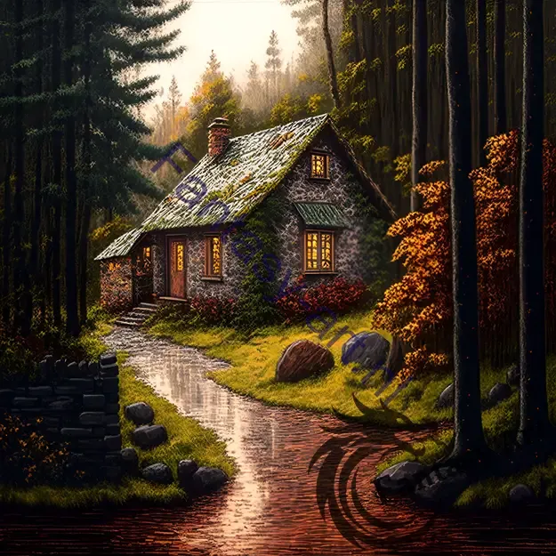 Highly detailed painting of a rustic cabin in autumn woods with a wet cobblestone path.