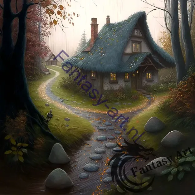 Ultra-detailed airbrush painting of a cottage in the woods during autumn, featuring cobblestone floors and a grey-blue roof, with whimsical and realistic elements.
