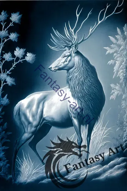 An airbrushed painting on canvas of a majestic stag standing next to a tall tree in the forest, in shades of blue with intricate patterns and ornate detail