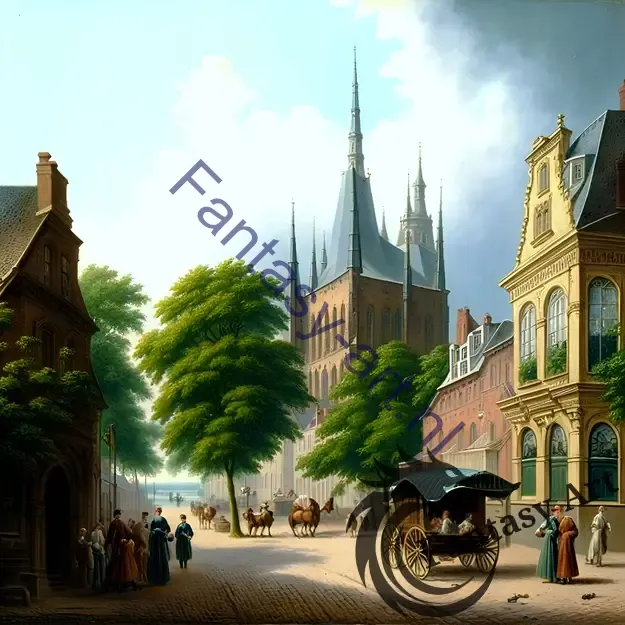 A painting of a bustling Western European street in the 19th century featuring a horse-drawn carriage and a market, with a gothic cathedral in the background.