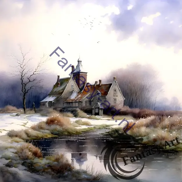 Realistic painting of a house by the water in a serene bucolic winter landscape with aquarelle style and low Dutch angle.