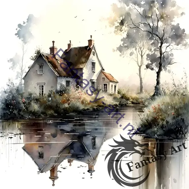 Watercolor painting of a house next to a body of water in the Midlands, featuring a romantic painting style and beautiful illustration.