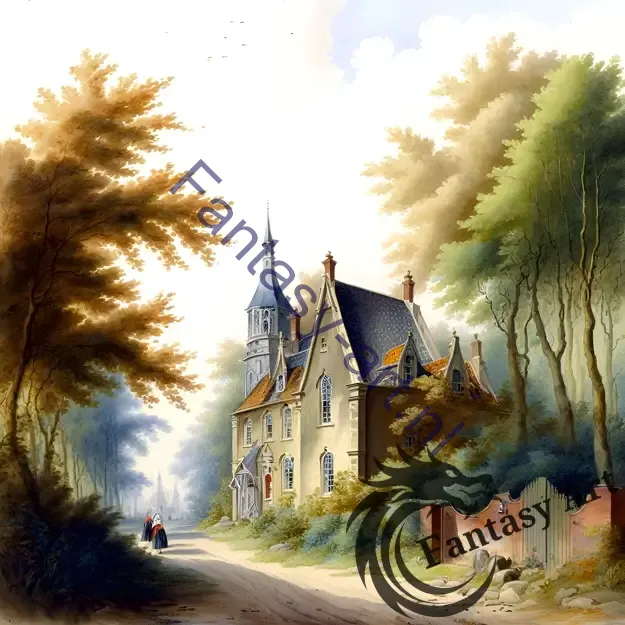 Romanticism-style matte gouache illustration of a country house by a road, surrounded by a serene landscape
