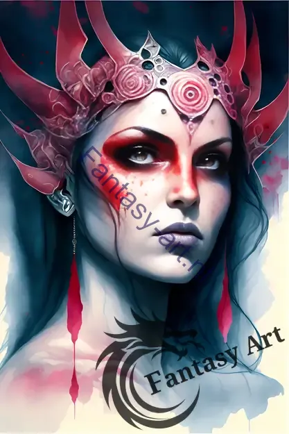 Stunning ancient cyberpunk goddess with horned crown watercolor portrait featuring high detail and intense watercolor effect.