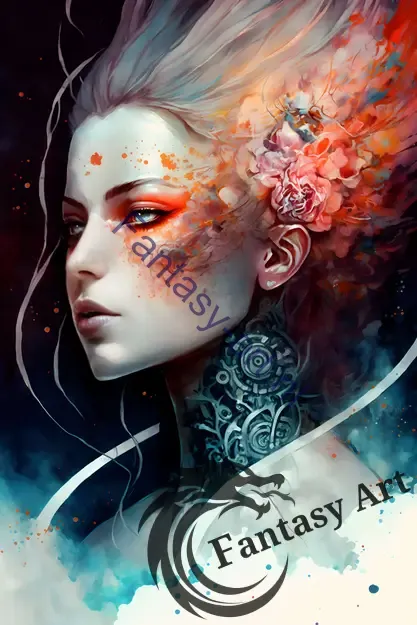The ancient elegant cyberpunk goddess with flowers in her hair against a vivid cyan and orange palette.
