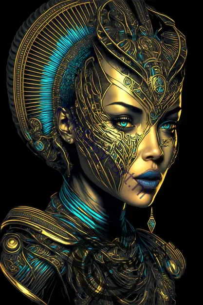 Cyberpunk Egyptian Alien Empress Warrior with Gold & Blue Artwork in Regal Armor - Highly Detailed Vector Art, Nefertiti & Lithograph Engraving Inspiration, Cyan-Gold Color Scheme, Fantasy Art.