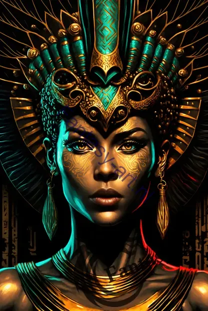 Image of a Cyberpunk Egyptian Alien Empress Warrior Digital Painting with Gold Crown and intricate Egyptian art elements, a fusion of two styles.