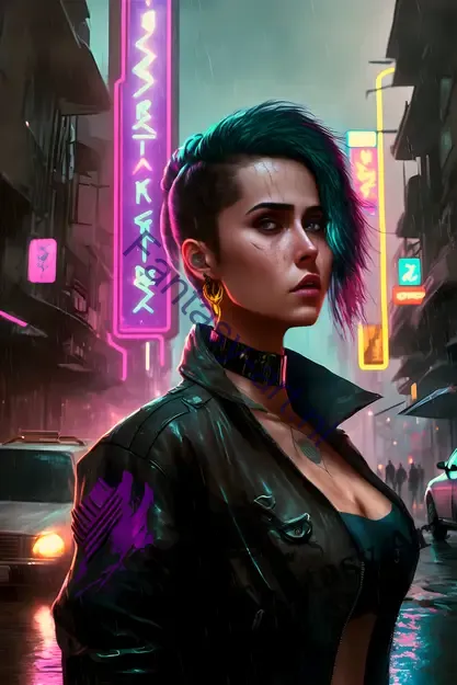 Detailed illustration of a female cyborg with glowing lines on her face in a beautiful synth-wave style. Cyberpunk art showcases a realistic art style and full-color digital illustration