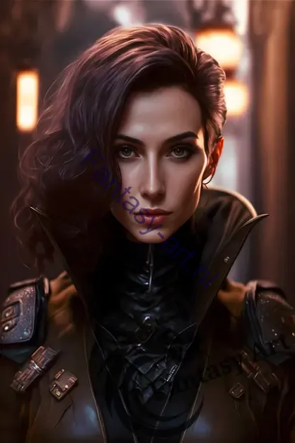 Digital painting of a beautiful woman with green eyes, dressed in sci-fi military armor.