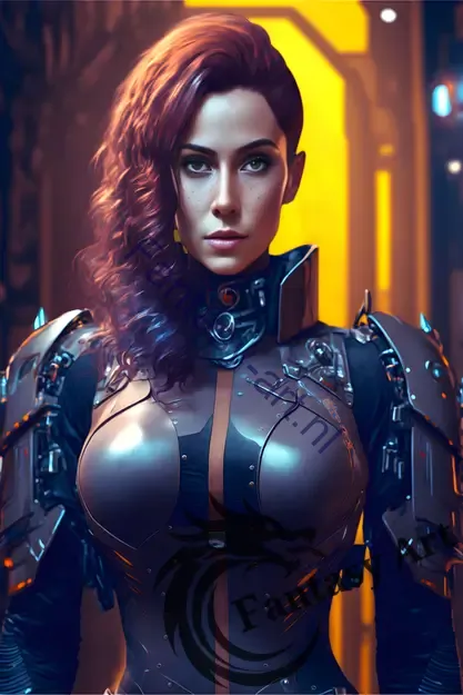Close-up of a fierce redhead female warrior in armor, standing in front of a cyberpunk church
