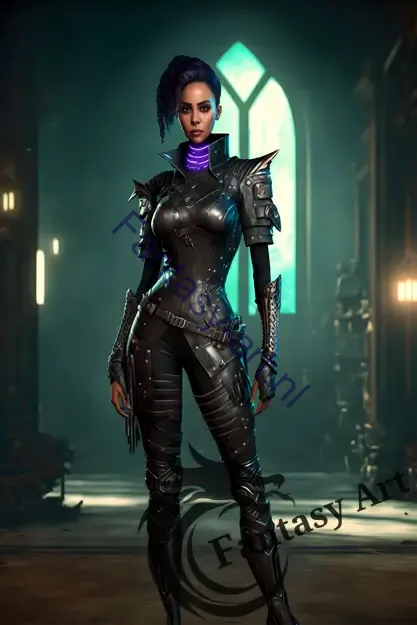 Fashionable strong woman posing in a knight's outfit in a cyberpunk church