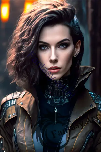Close-up of a gorgeous model wearing a jacket in a cyberpunk style