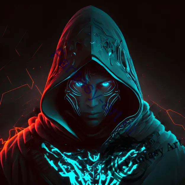 a hooded Electromancer in fantasy art, with glowing red and cyan eyes, neon glow and blacklight effects