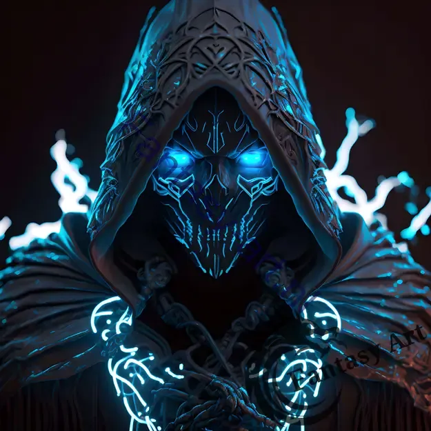 Hooded figure with glowing eyes and fantasy skull, surrounded by glowing wires and volumetric lightning in a stunning digital art piece with blacklight and neon glow effects