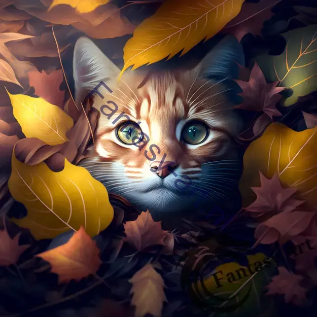 Hyperrealistic digital art of a cat in a pile of autumn leaves, surrounded by the colorful leaves of the autumn season