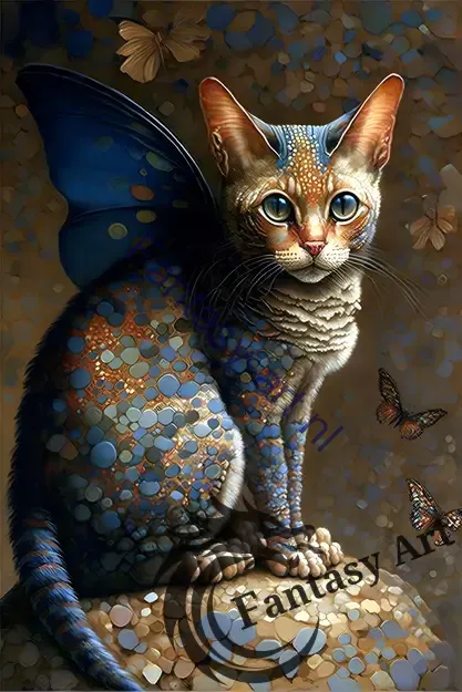 Detailed painting of a cat with butterfly wings sitting on a rock, showcasing surreal beauty and masterful technique.