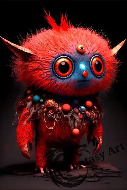 A cute demonic creature on a black background, with a red and blue color theme