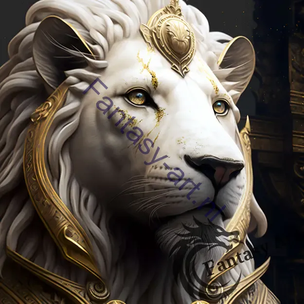 High-detailed close-up of a marble statue of a lion with a white and gold color scheme