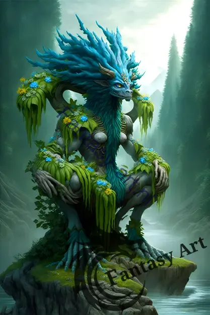 a blue tree creature and a dryad portrait on a misty forest background
