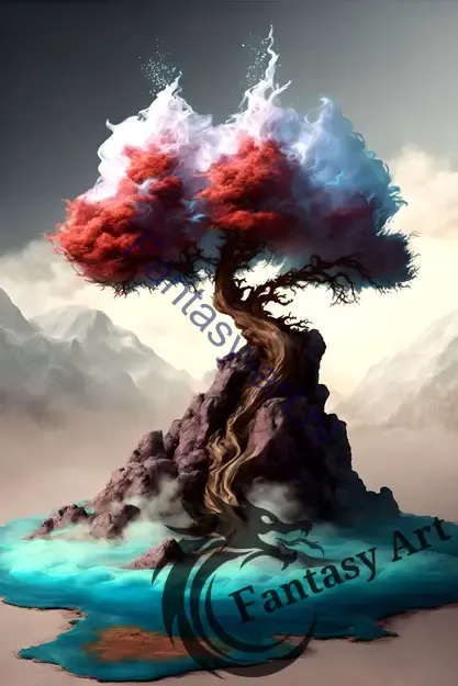 Earth Elemental with a tree sitting on top of a rock surrounded by water, featuring blue, white, and red mist