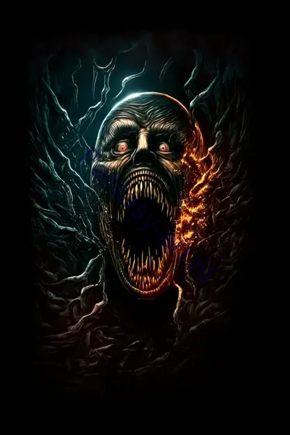 Scary Face with Sharp Teeth on Dark Background