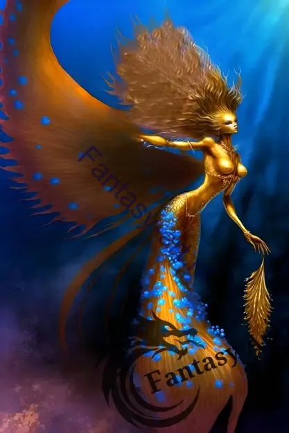 A stunning golden mermaid fantasy art piece with detailed airbrushing